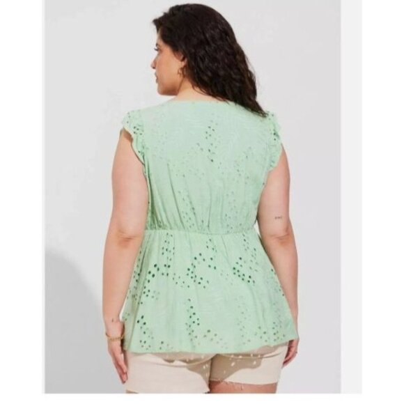 TORRID shirt top Size 2x Mint Green Eyelet  Ruffle Sleeve Peplum  V-Neck Blouse - Picture 6 of 6